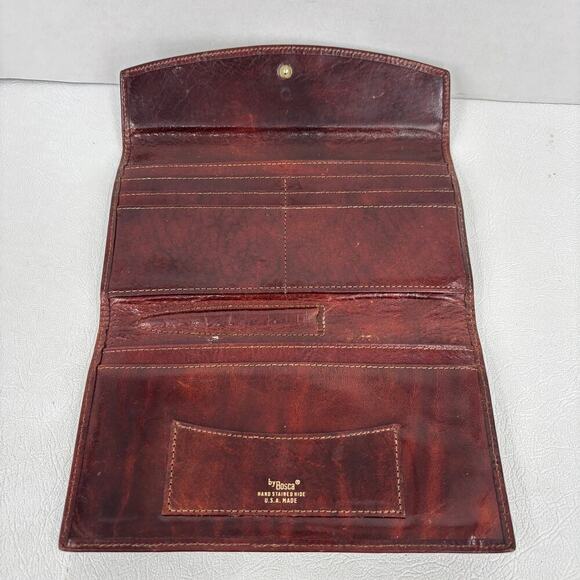 Bosca Leather Slim Bifold Wallet Mahogany Snap Close Hand Stained Hide Vintage - Picture 4 of 9
